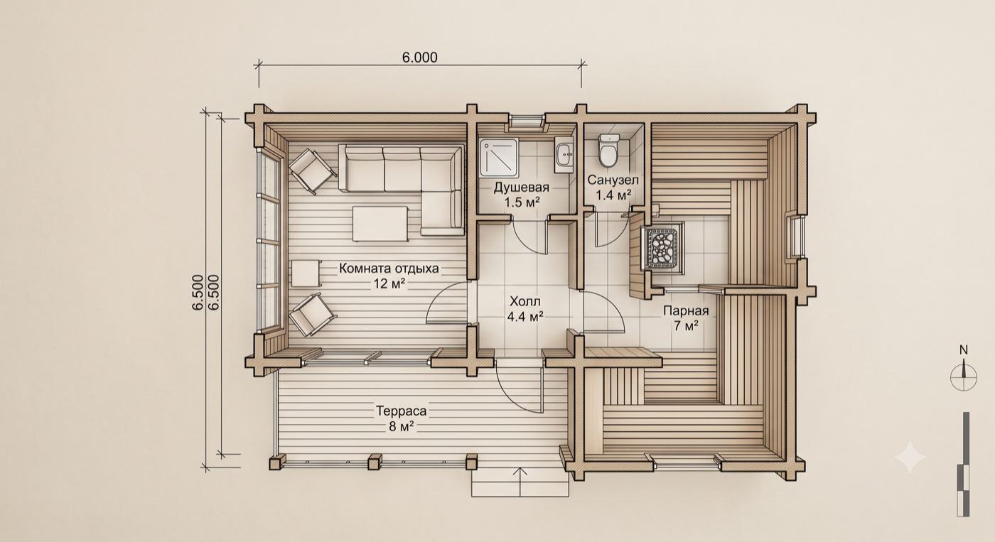 Планировка бани «Плёс» — 6,0 × 6,5 м